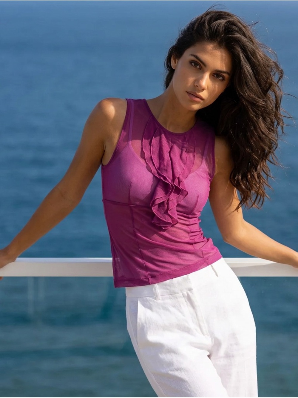 Mexx Y2K Sleeveless Ruffled Sheer Top in Magenta Medium